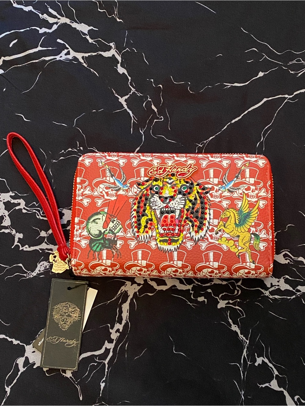 NWT 🐅 Ed Hardy Tattoo Tiger Skull Pegasus Rhinestone Wristlet Large Zip Wallet